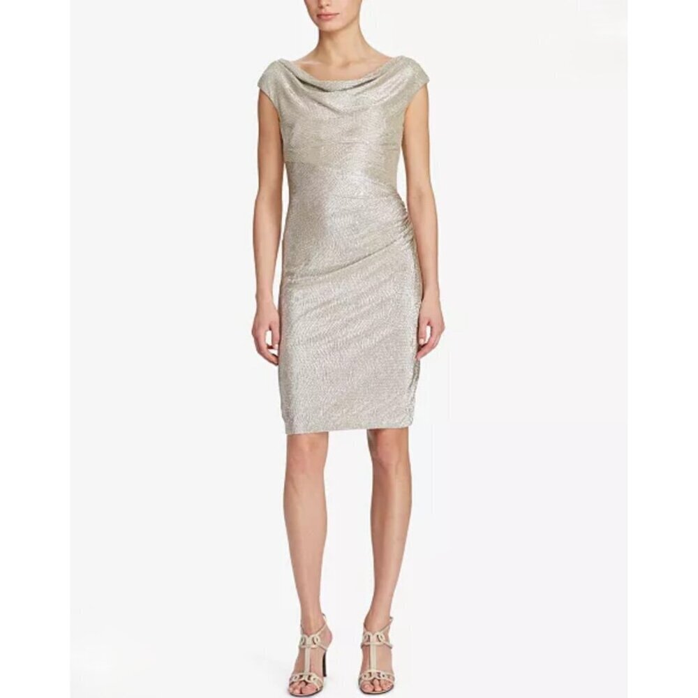 NEW Ralph Lauren Metallic White Gold Foil Cowl Neck Sheath Dress Size 8